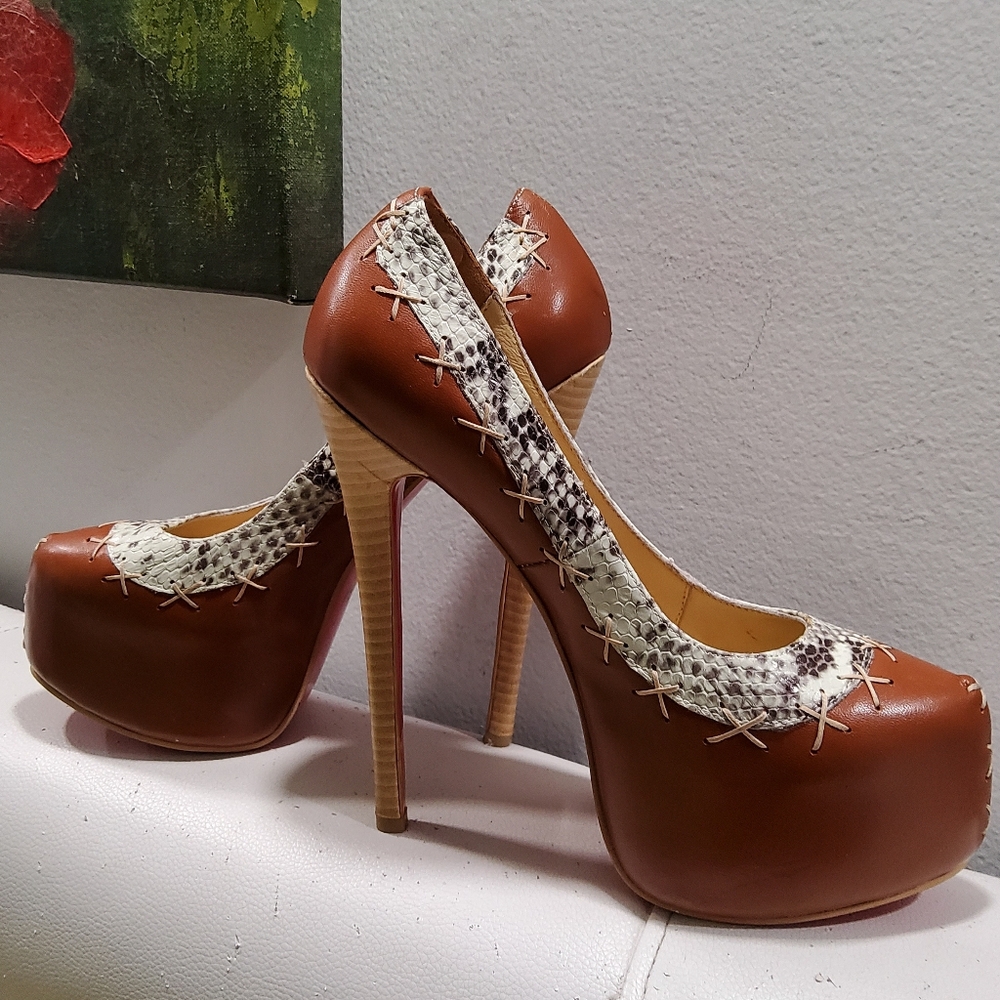 Christian Louboutin Brown and Snake Print Heels